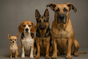 four dog breeds representing small, medium, large, and giant sizes